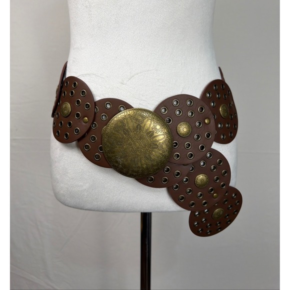 The Unbranded Brand Accessories - Brown Boho Concho Belt Antiqued Brass Medallion Grommet Western 42" Statement
